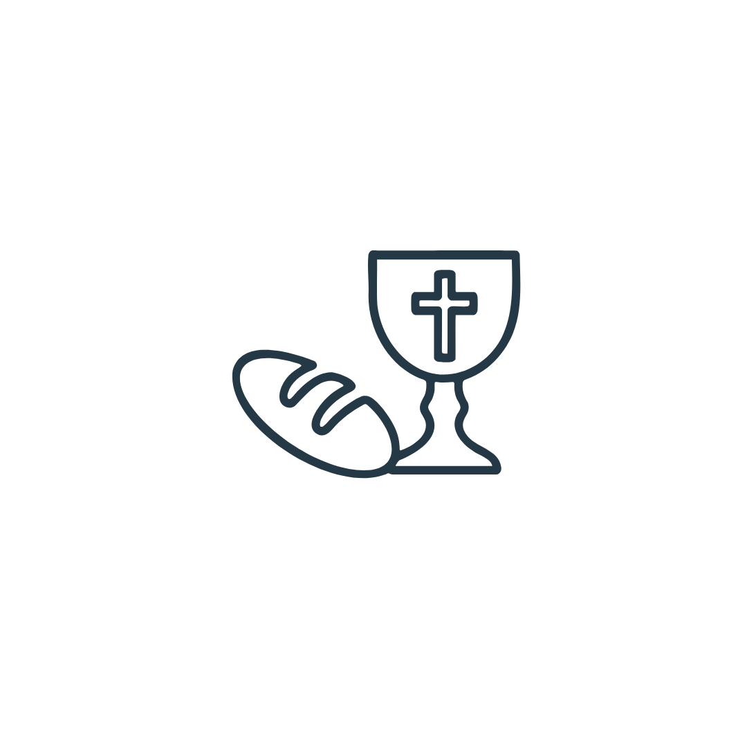 Line drawing of a loaf of bread, a chalice with a cross, and a host, symbolizing communion or the Eucharist.
