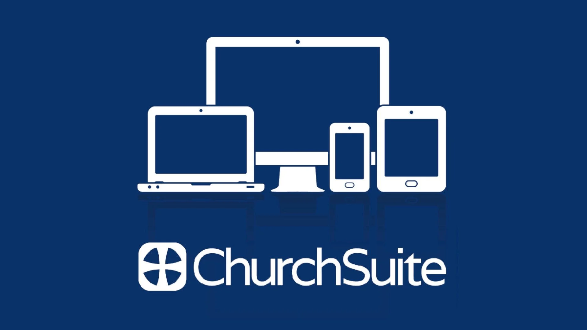 Illustration of various technology devices including a laptop, desktop monitor, tablet, and smartphone on a blue background, with 'ChurchSuite' logo and text at the bottom.