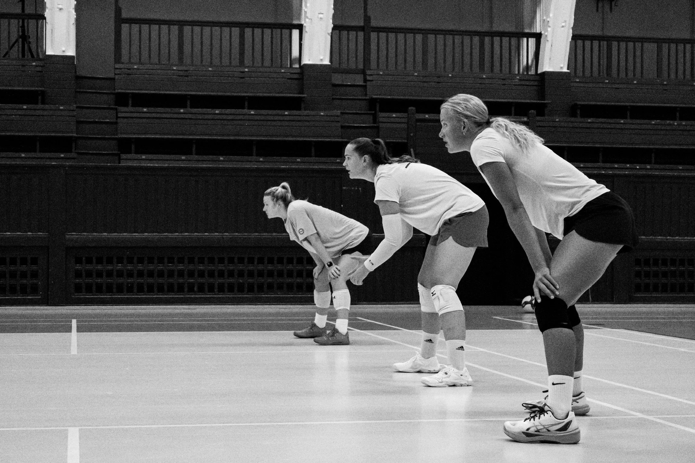 Three female volleyball players in gym standing in ready position
