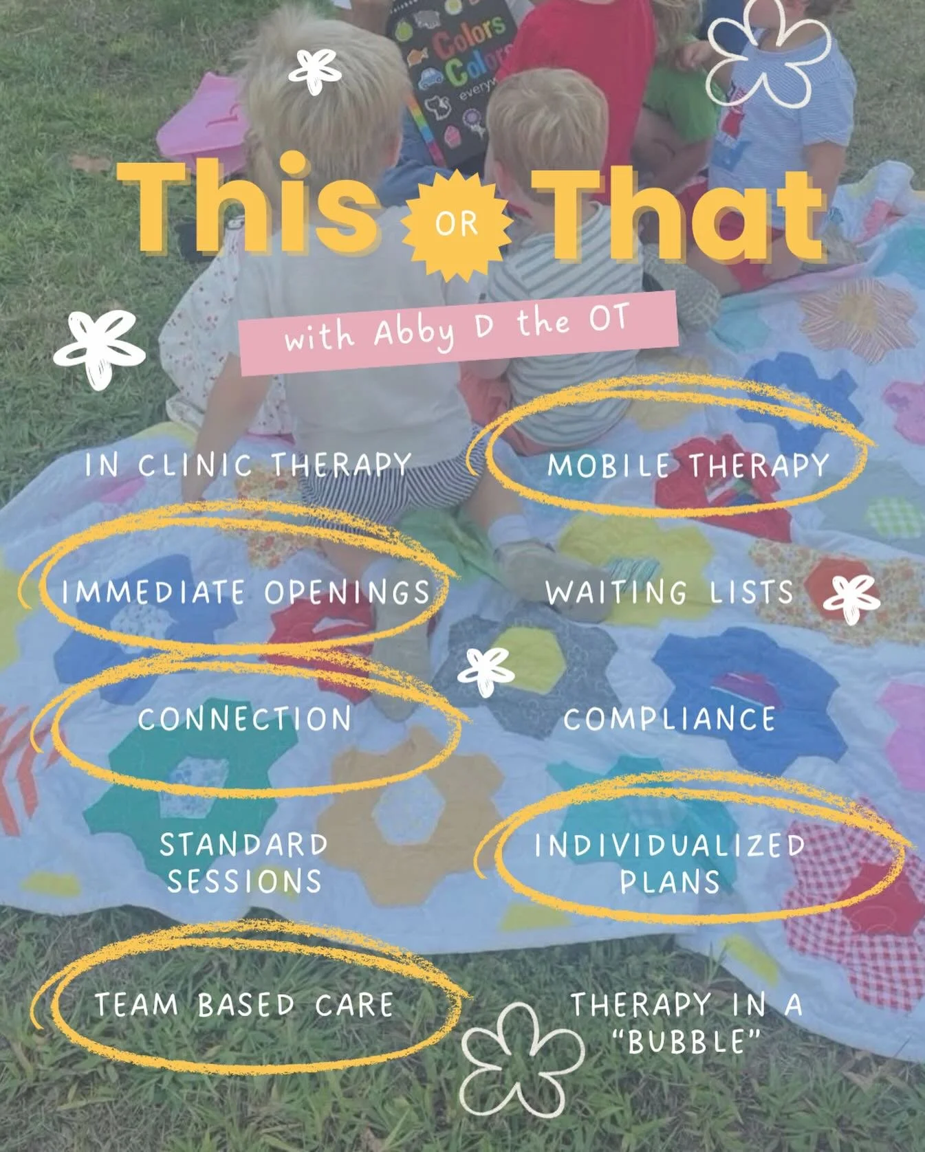 Not all OT is created equal ✨
While there&rsquo;s no one &ldquo;right&rdquo; way to do therapy, there is a way that leads to more meaningful progress.
Where is happens
How it feels
What we prioritize 
It all matters more than you think. Reach out for