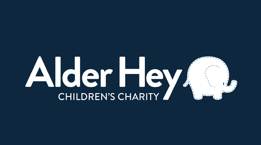 Logo for Alder Hey Children's Charity featuring the text and a white elephant graphic on a dark blue background.