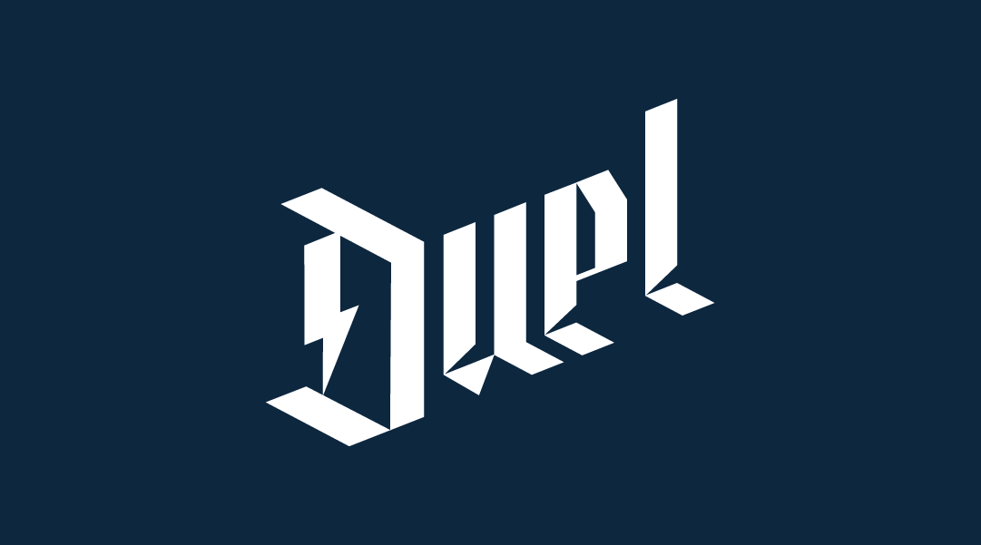 Stylized text that spells 'Duel' in a gothic, angular font on a dark background.