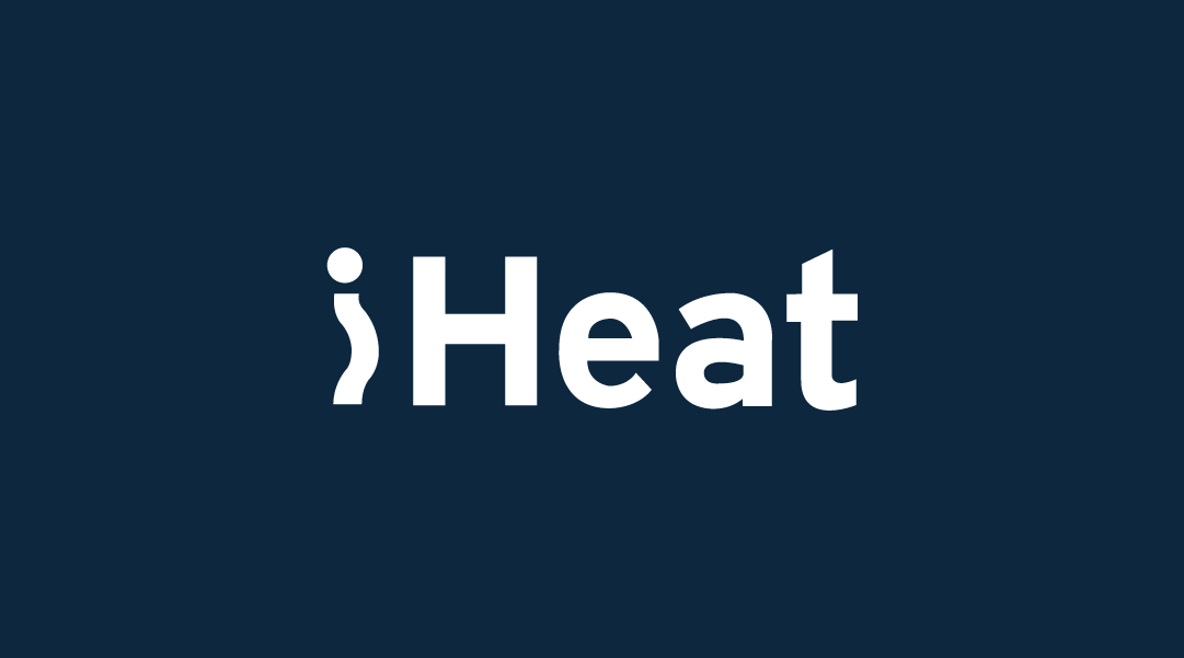 Logo with the word 'iHeat' with white text on a dark blue background