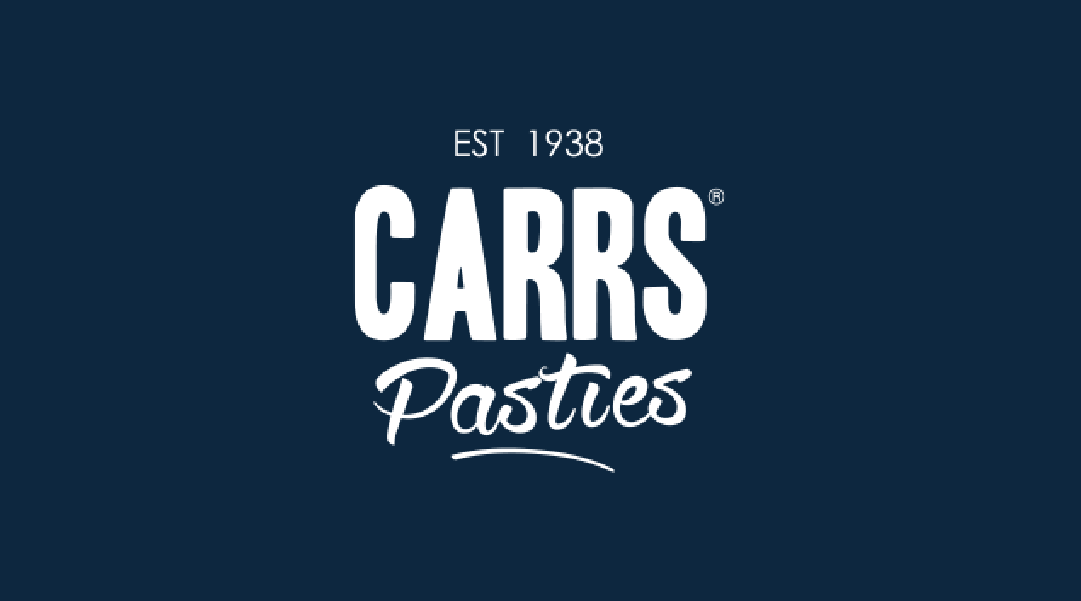 Logo for Carrs Pasties, established in 1938, with white text on a dark blue background.