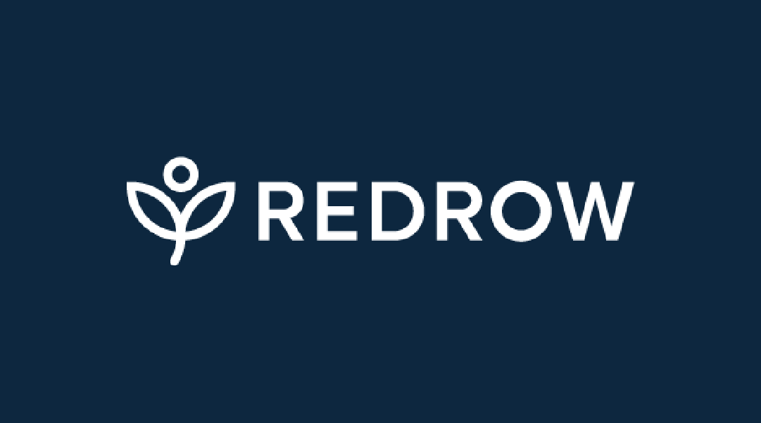 Logo with a stylized flower symbol and the word 'REDROW' on a dark background.