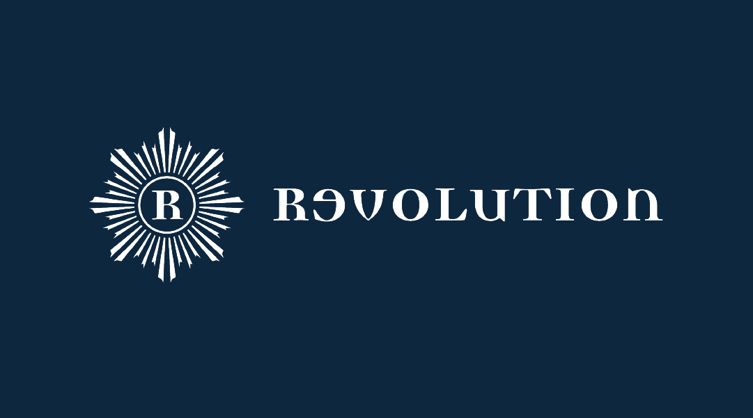 Logo with a circular emblem containing the letter R, radiating lines around it, and the word REVOLUTION in stylized font on a dark blue background.