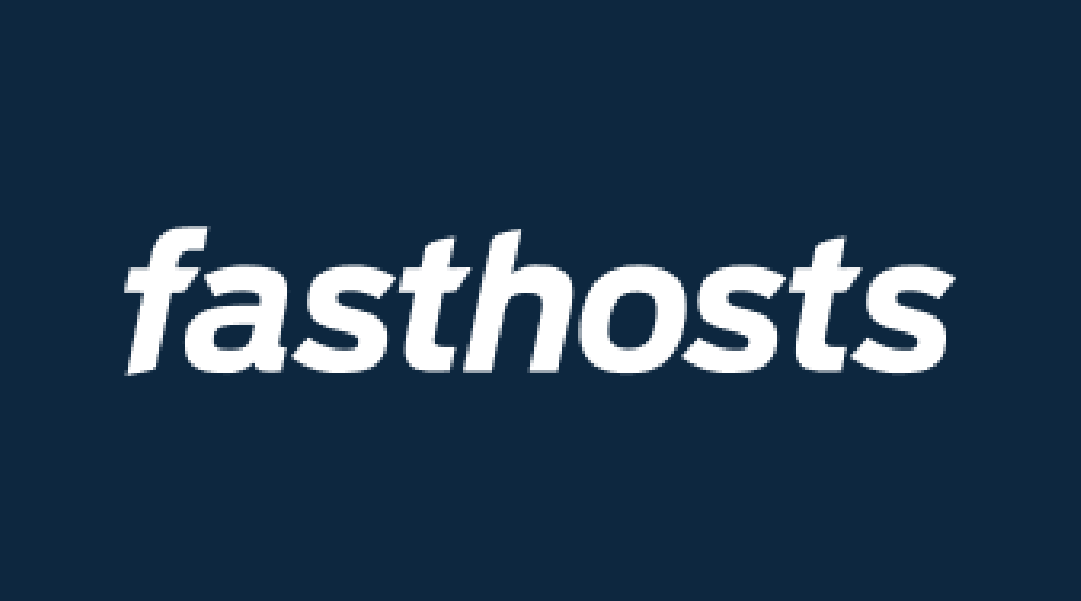Fasthosts logo with white text on a dark blue background.