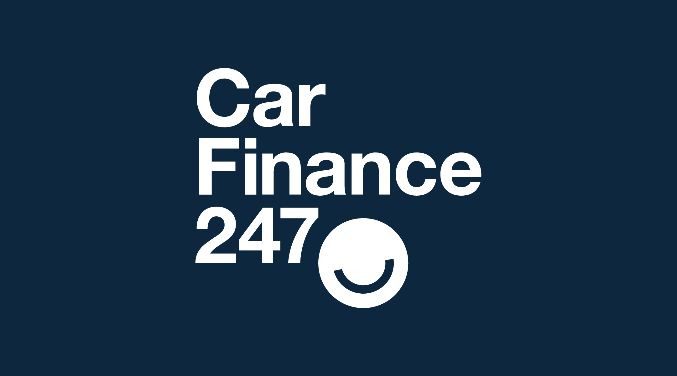 Graphic design with white text on dark blue background reading 'Car Finance 247' and a white smiley face icon.