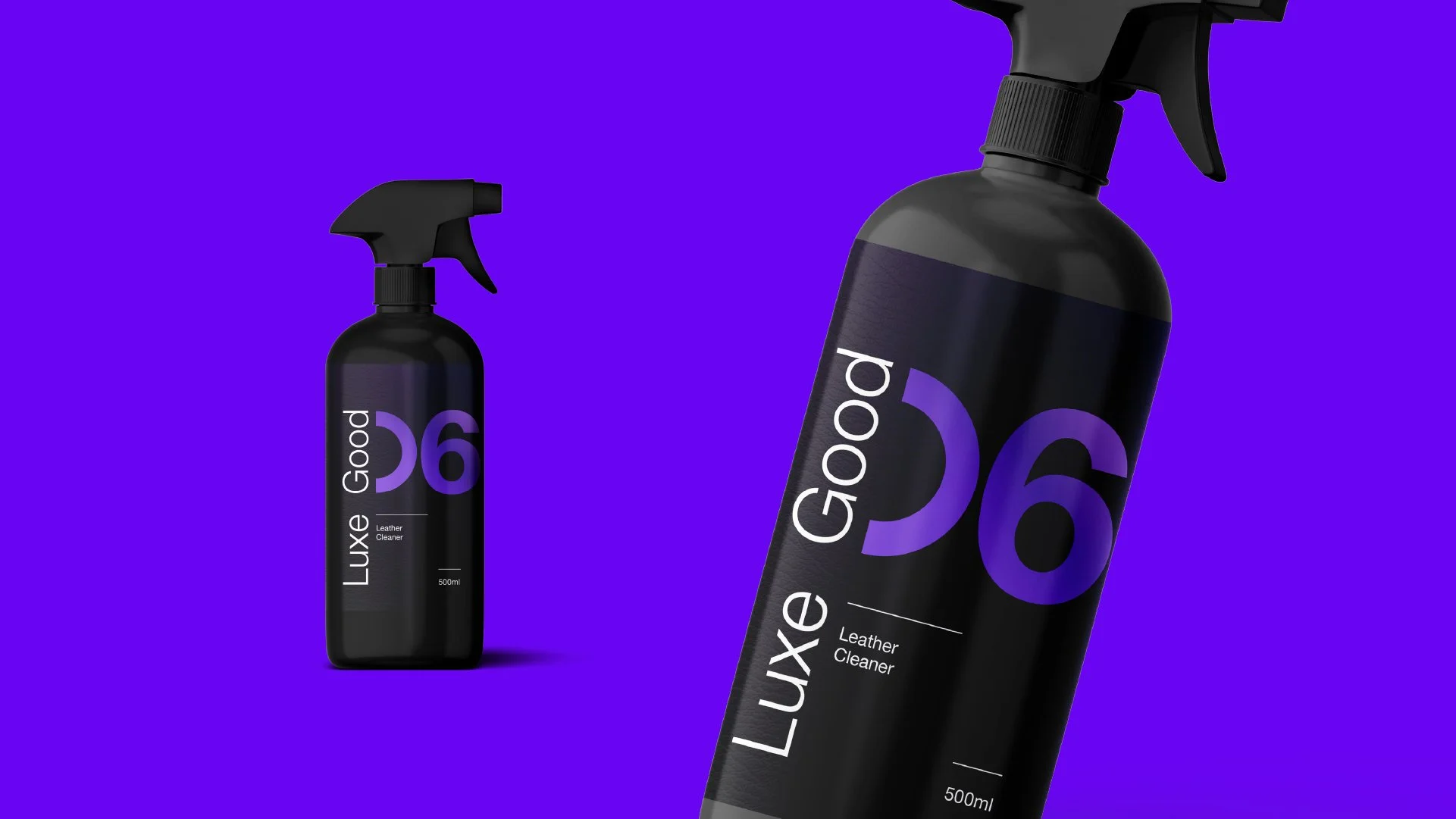 Two black bottles of leather cleaner labeled 'Good Luxe 06' with purple and white text, one with a spray nozzle and the other without, set against a bright purple background.