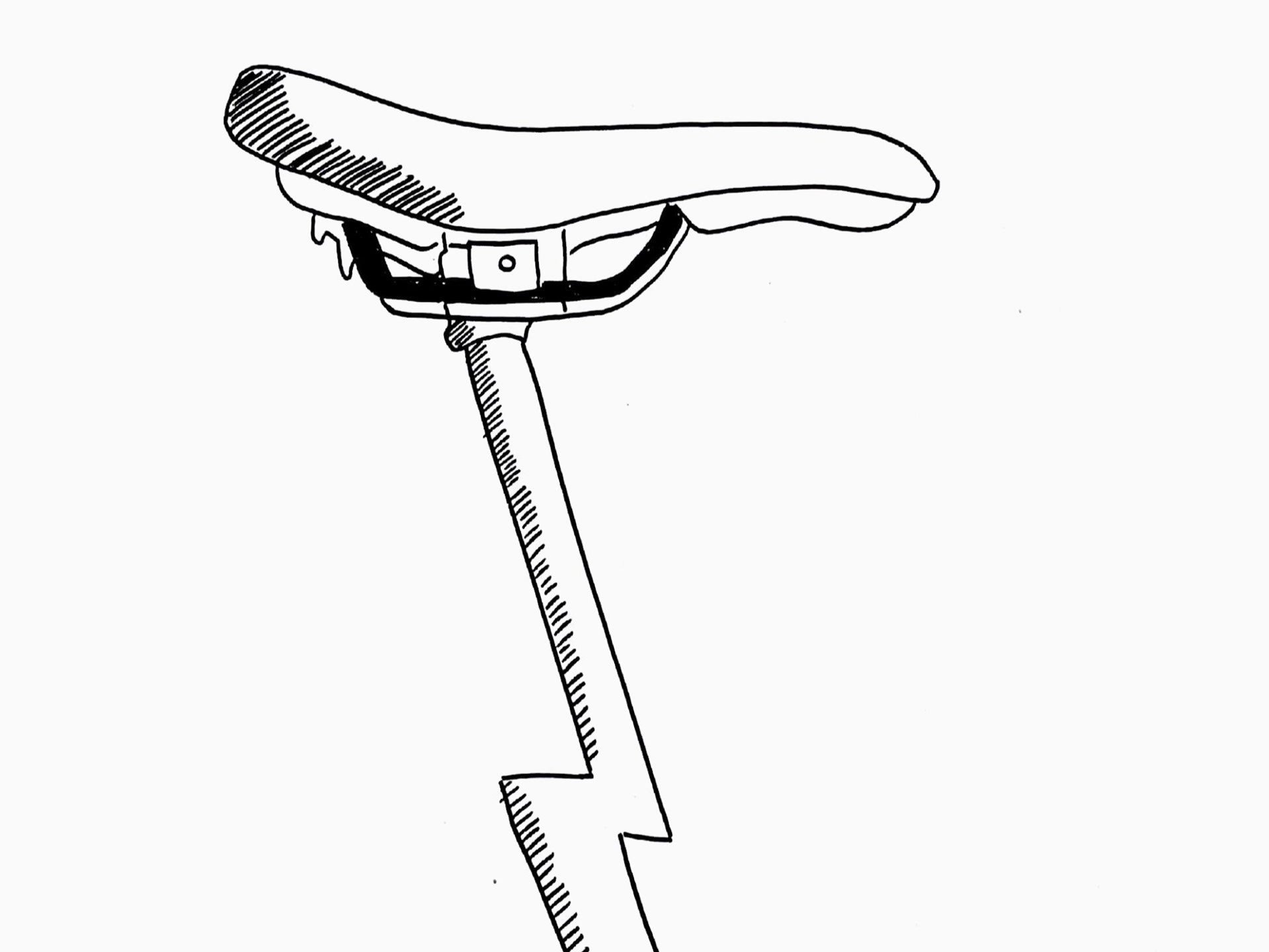 Black and white illustration of a bicycle saddle and seat post.