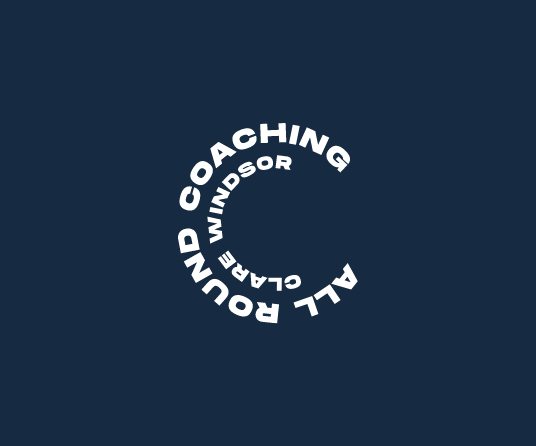 Circular text design with the words 'ALL COACHING COACHING' and 'CLARE WINDSOR' on a dark background. Brand identity for an online fitness coach