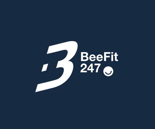 Logo of BeeFit 247 featuring a stylized B, the words 'BeeFit 247,' and a small smiley face on a dark background. Brand identity for a fitness programme