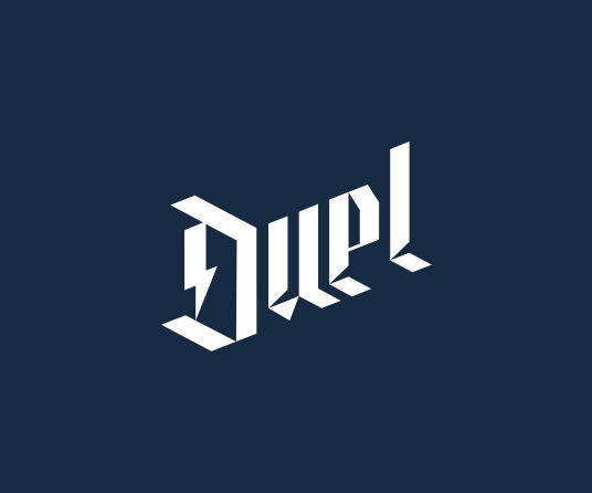 Stylized white text on a dark background spelling 'duel' in a Gothic font. Brand identity for a car cleaning product range.