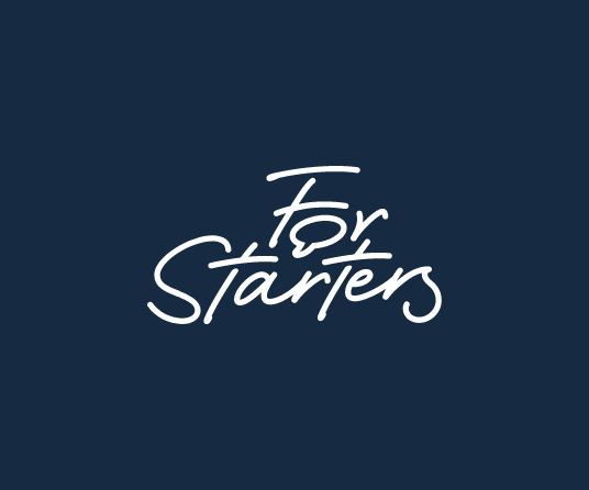 Text saying 'For Starters' in white cursive font on a dark blue background. Brand identity for a networking event
