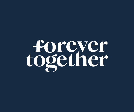 Dark blue background with white text saying "forever together". Brand identity for a jewellery company