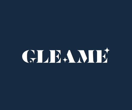 Gleam logo with white text on a dark blue background. Brand identity for a cleaning company.