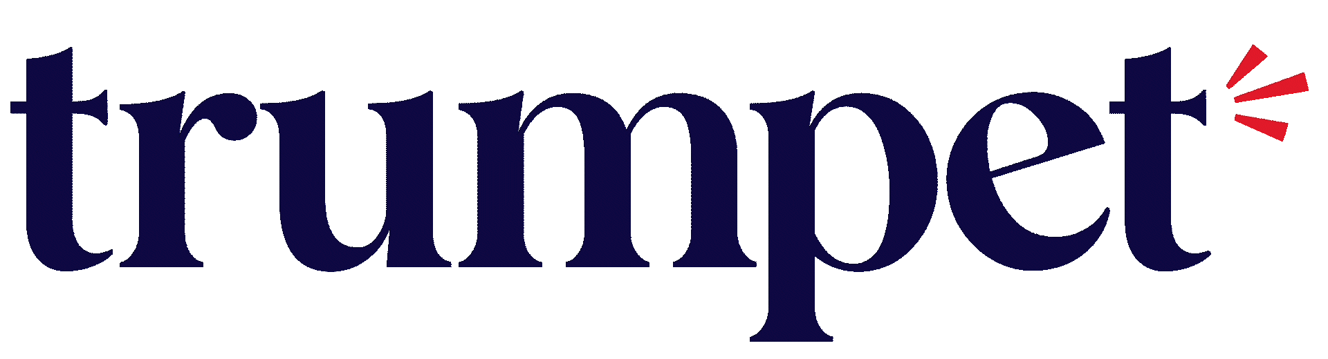 Trumpet logo with large blue text and red accents.
