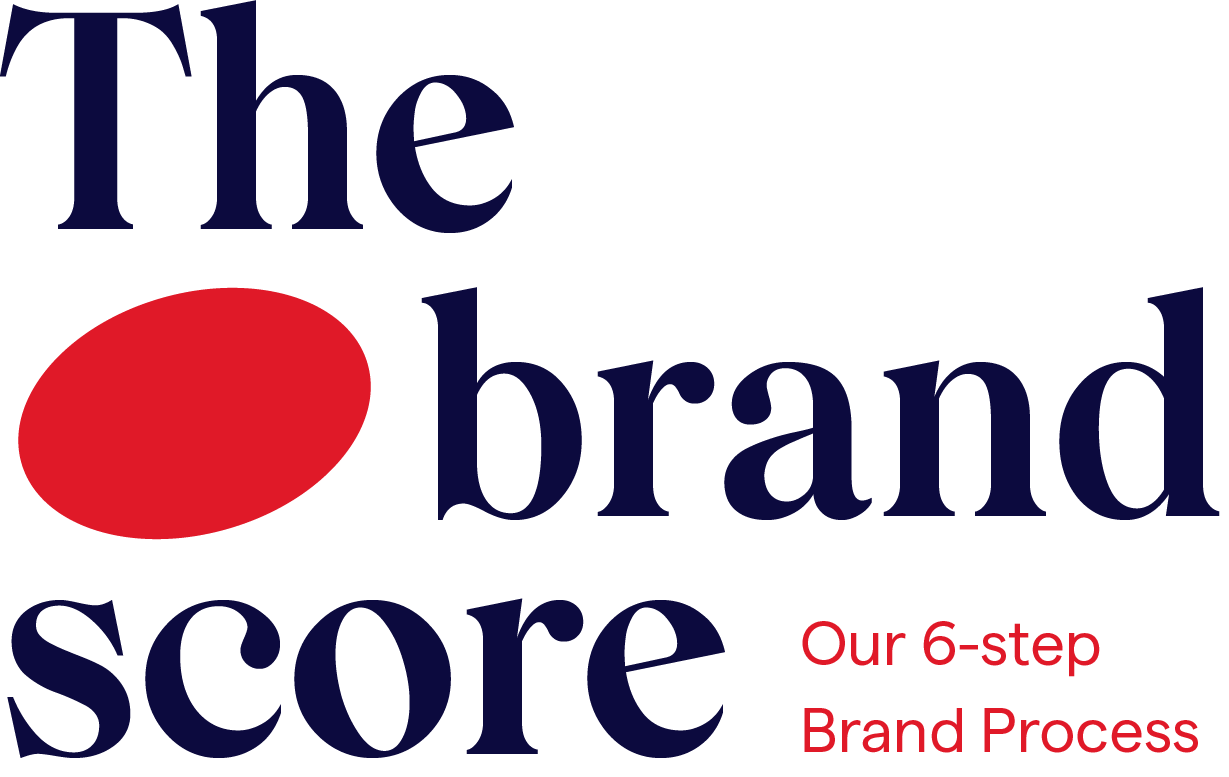 Graphic with navy text reading 'The brand score' and a red oval shape resembling a score marker. Smaller red text beneath says, 'Our 6-step Brand Process.'