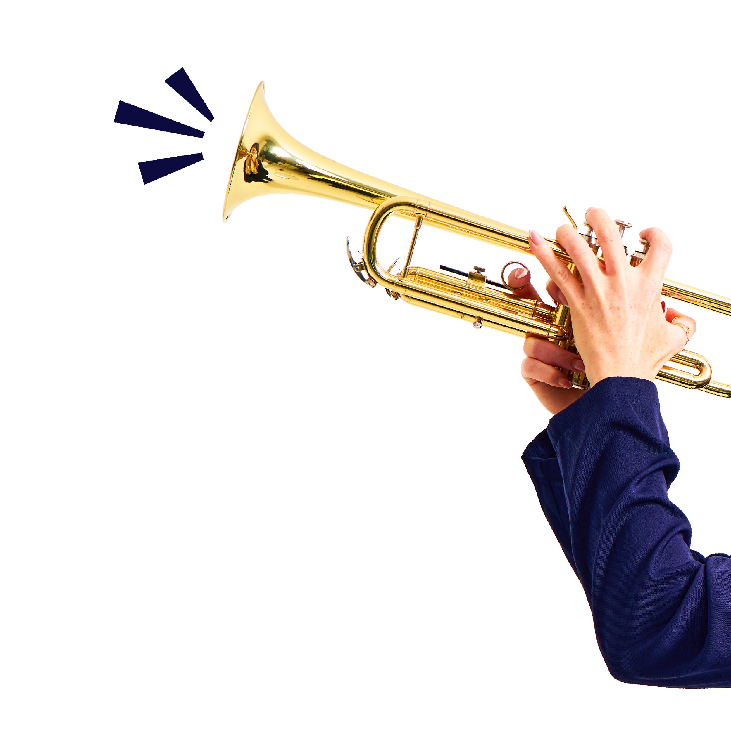 Hand playing a brass saxophone with a black background.