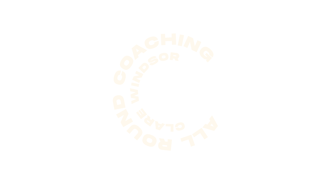 Circular text that reads "ALL ROUND COACHING CLARE WINDER" in white on a black background.