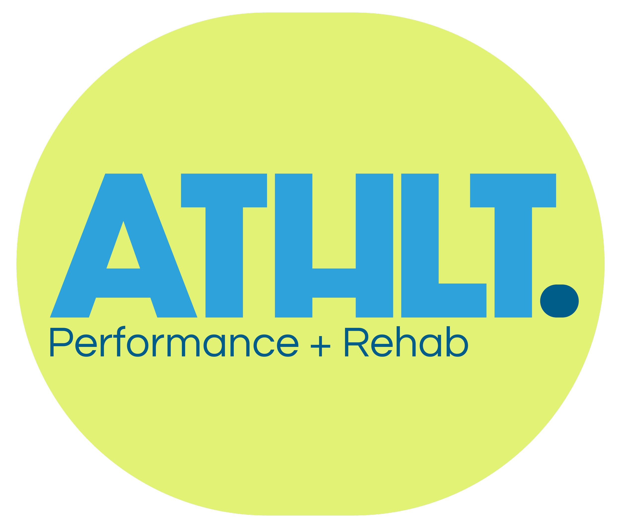 Logo for ATHLT. Performance + Rehab in a yellow-green circle with bold blue text.
