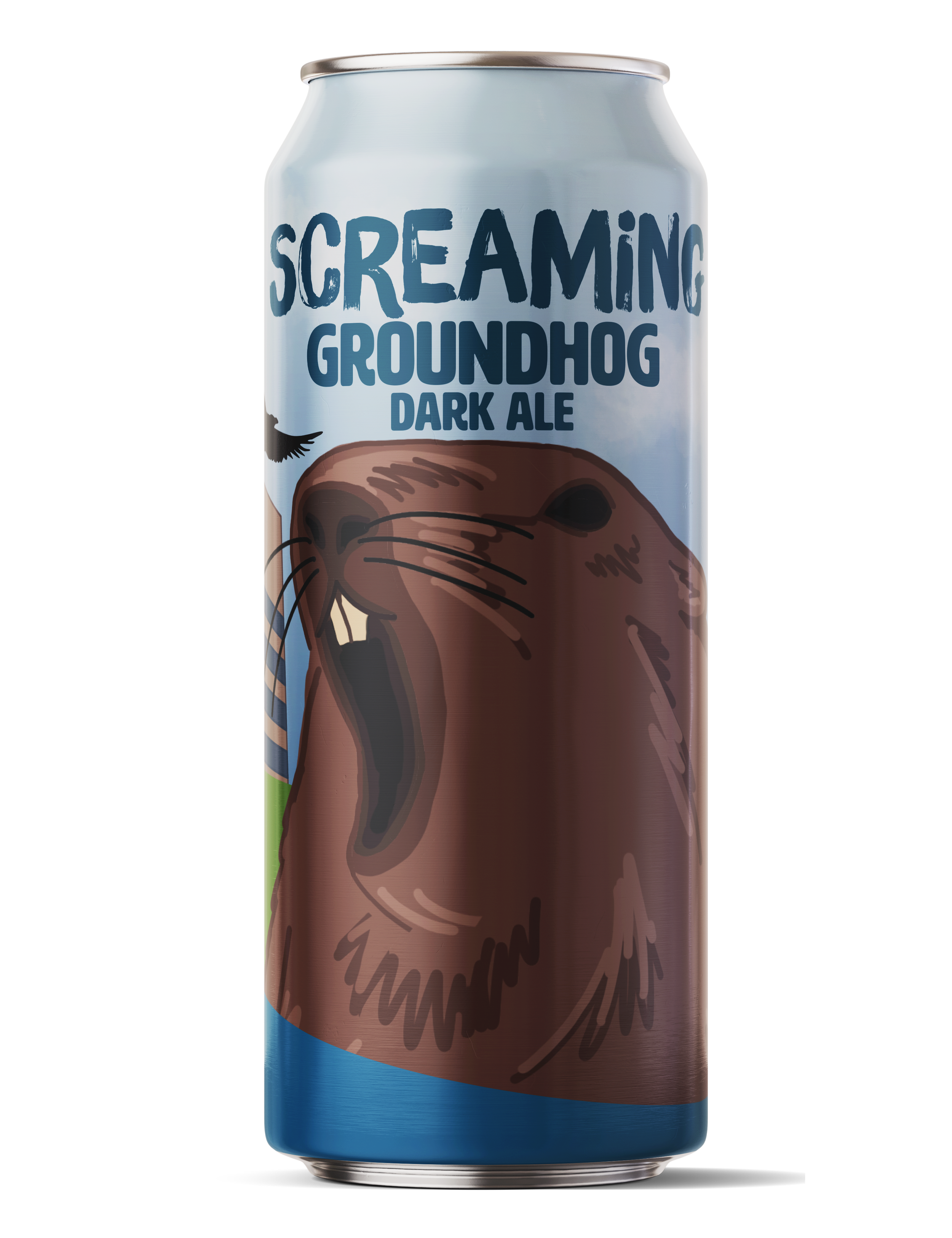 A can of Screaming Groundhog Dark Ale beer featuring a cartoon groundhog and bold blue text.
