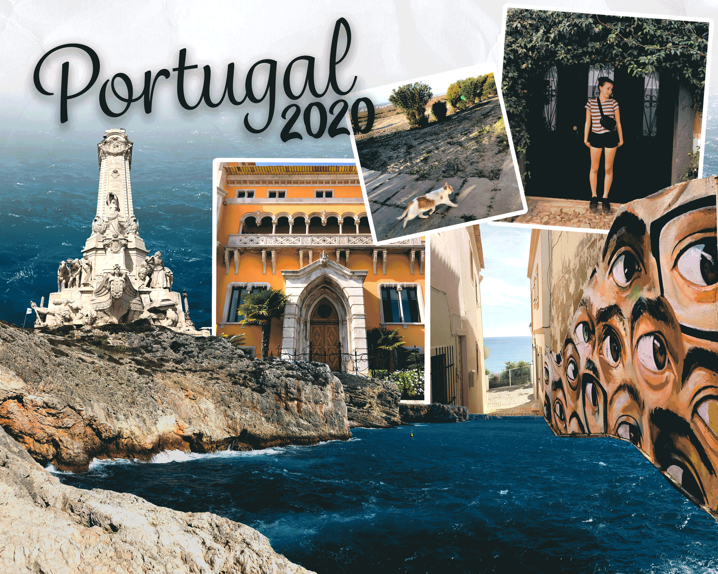 A collage of photos from Portugal in 2020, including a coastal monument, historic buildings, a street scene with reflection, a woman outside a gate, a cat walking on a path, and colorful street art with multiple eyes.