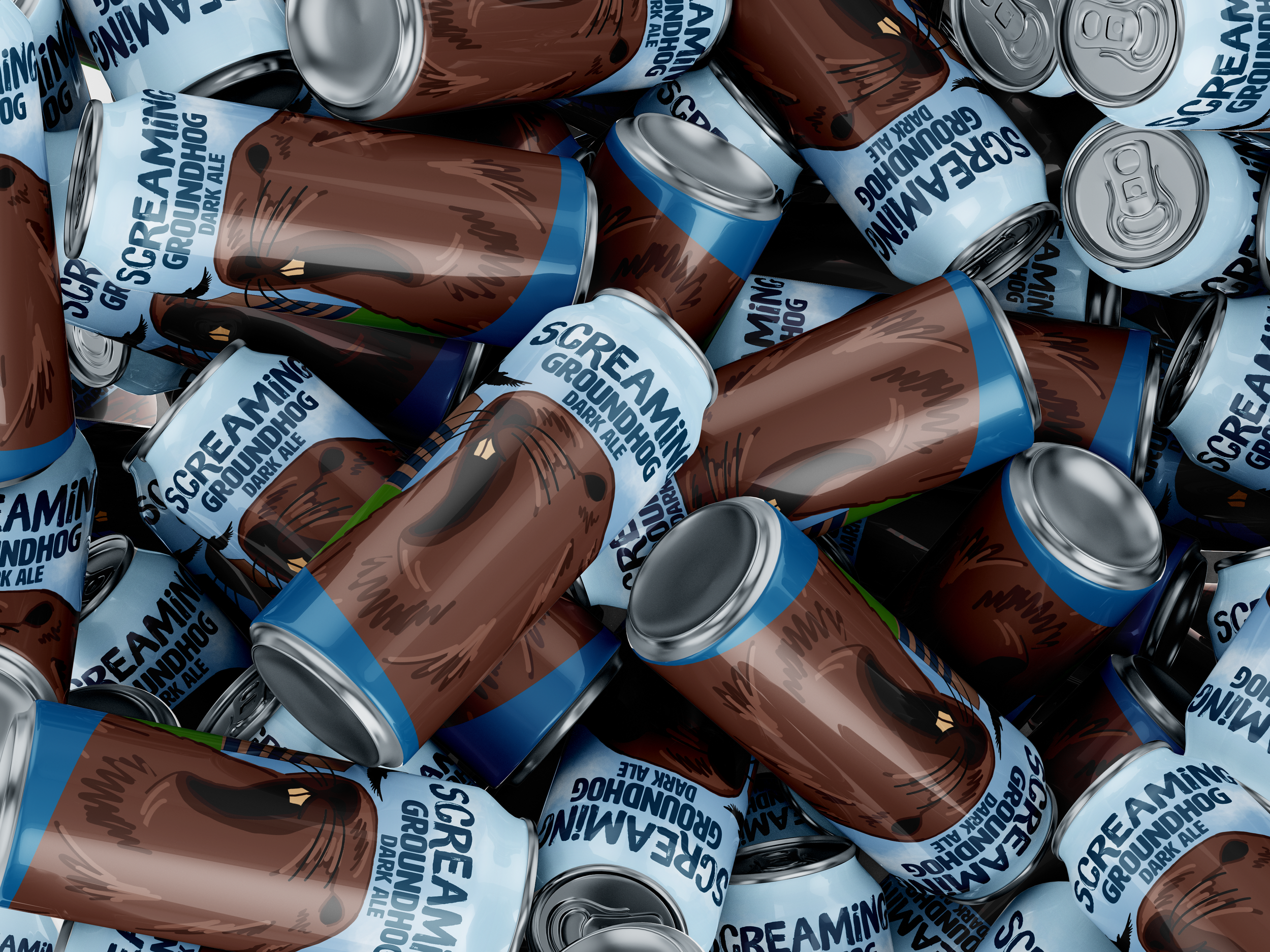 Multiple cans of Screaming Groundhog Dark Ale with a groundhog illustration on the label, piled together.