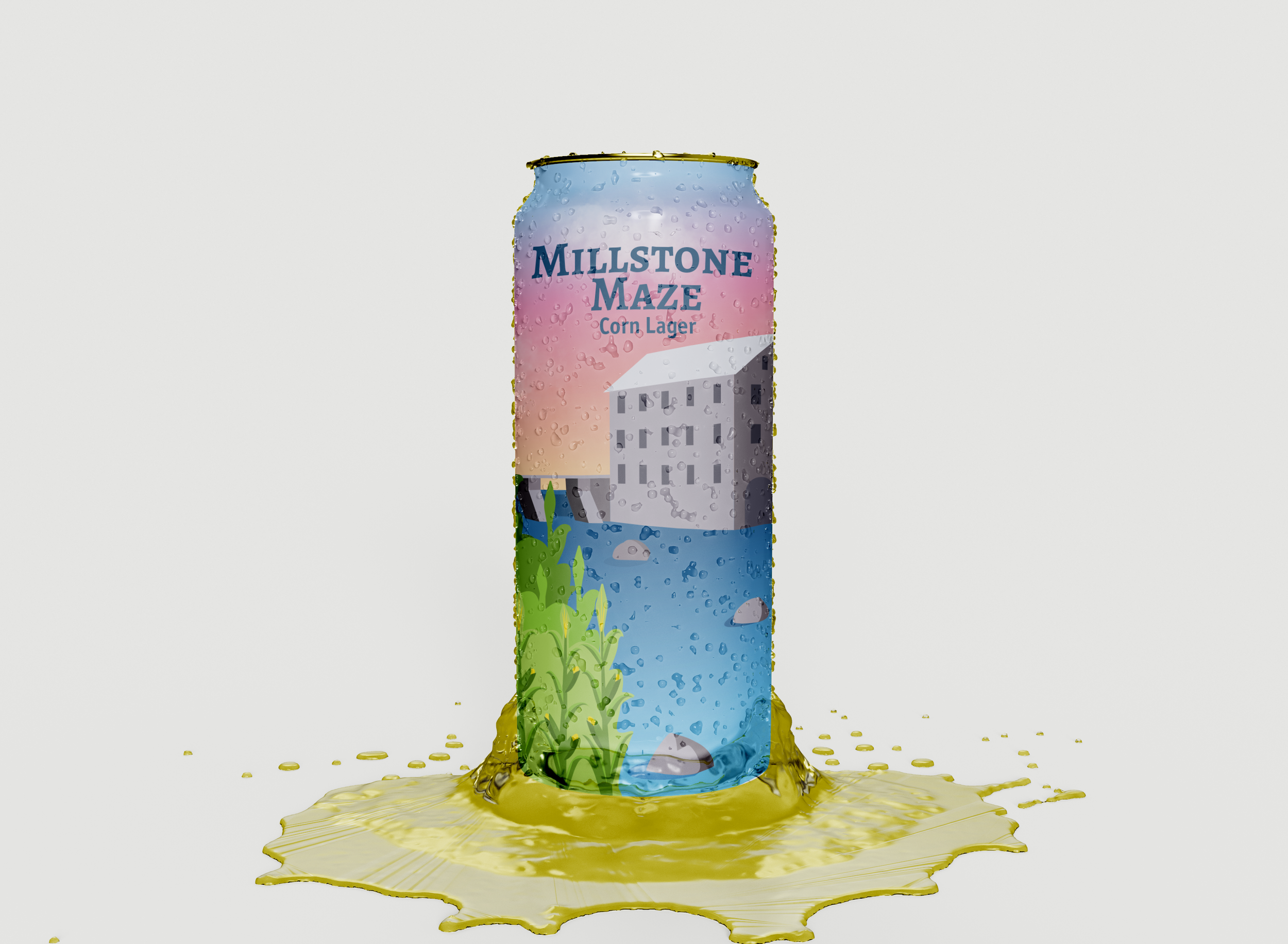 A can of Millstone Maze Corn Lager with colorful artwork, with beer foam and droplets on the can, and beer spilling at the base, set against a plain background.