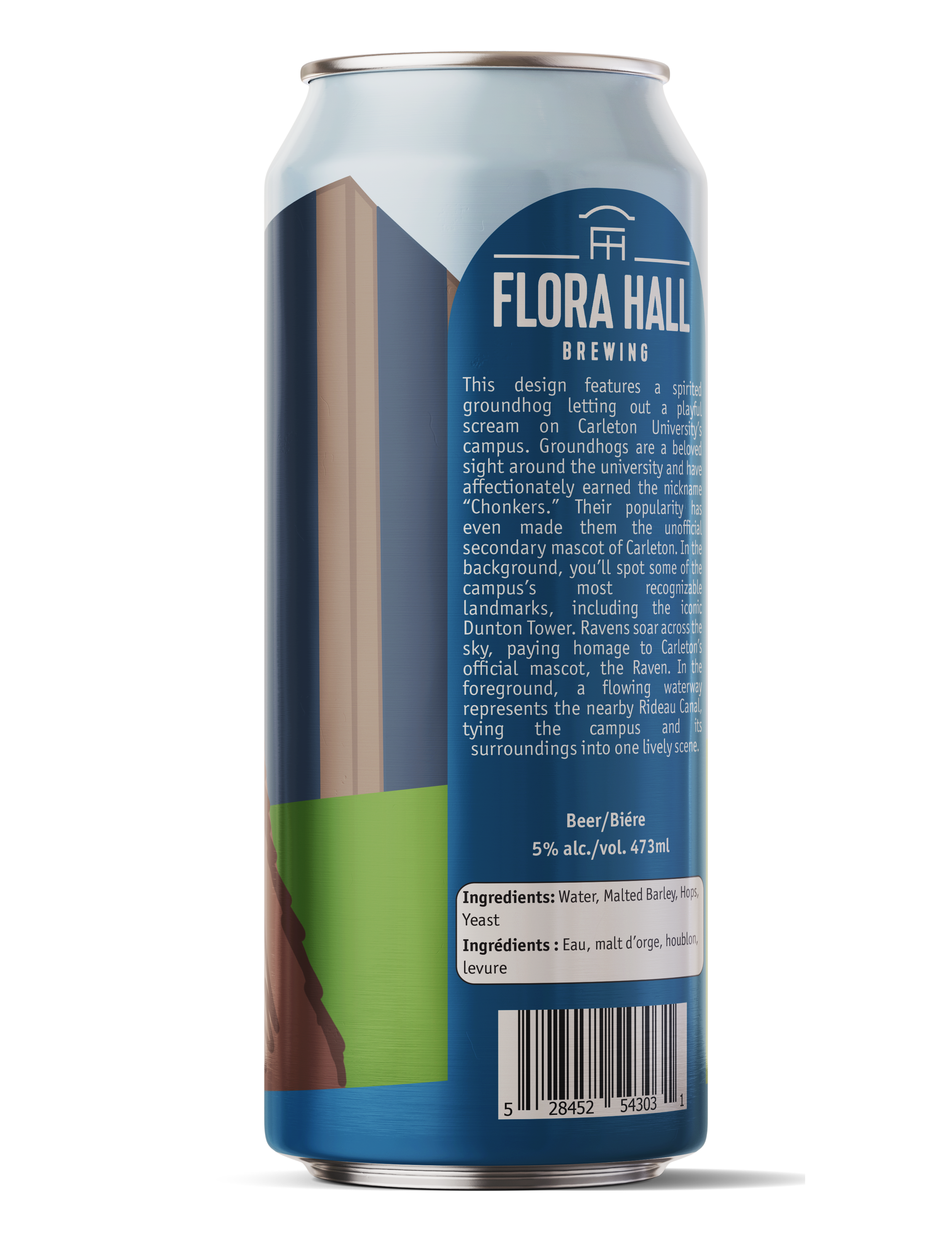 Canned beverage with blue label featuring a description of Flora Hall Brewing and ingredients including water, malted barley, hops, yeast, and levure.