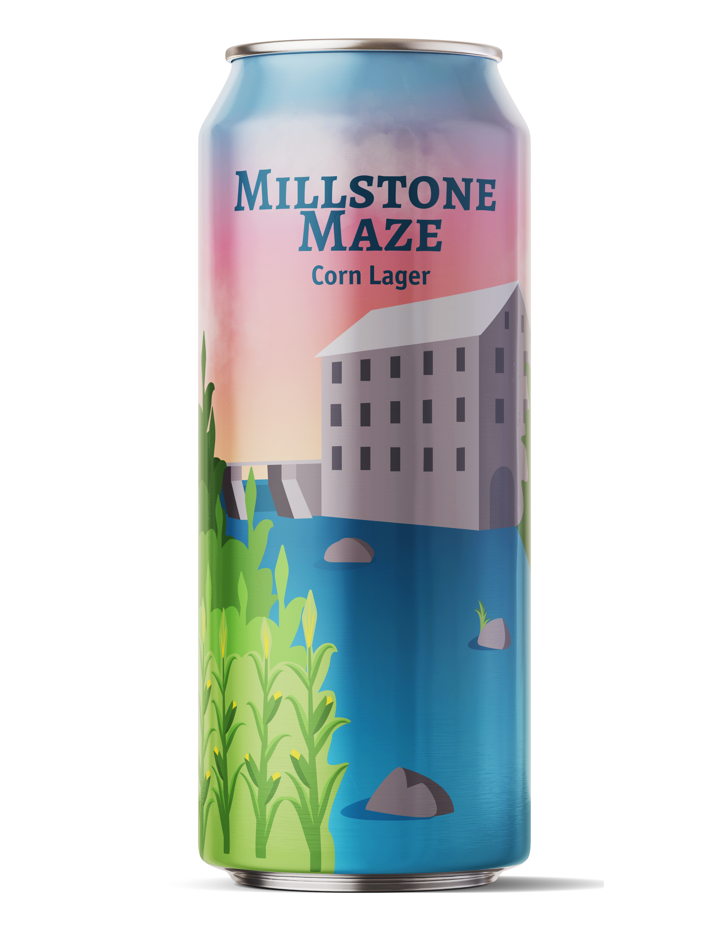 Can of Millstone Maze Corn Lager beer with colorful artwork of a mill, water, and green plants on the label.