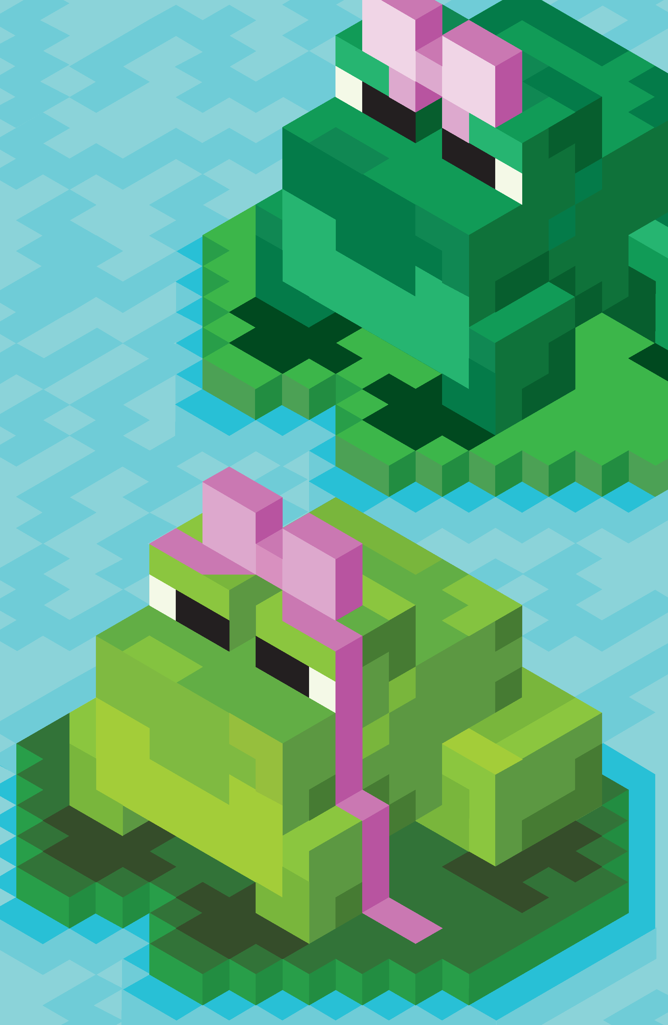 Pixel art illustration of two green pixelated frogs with purple tongues on separate floating landmasses surrounded by water.
