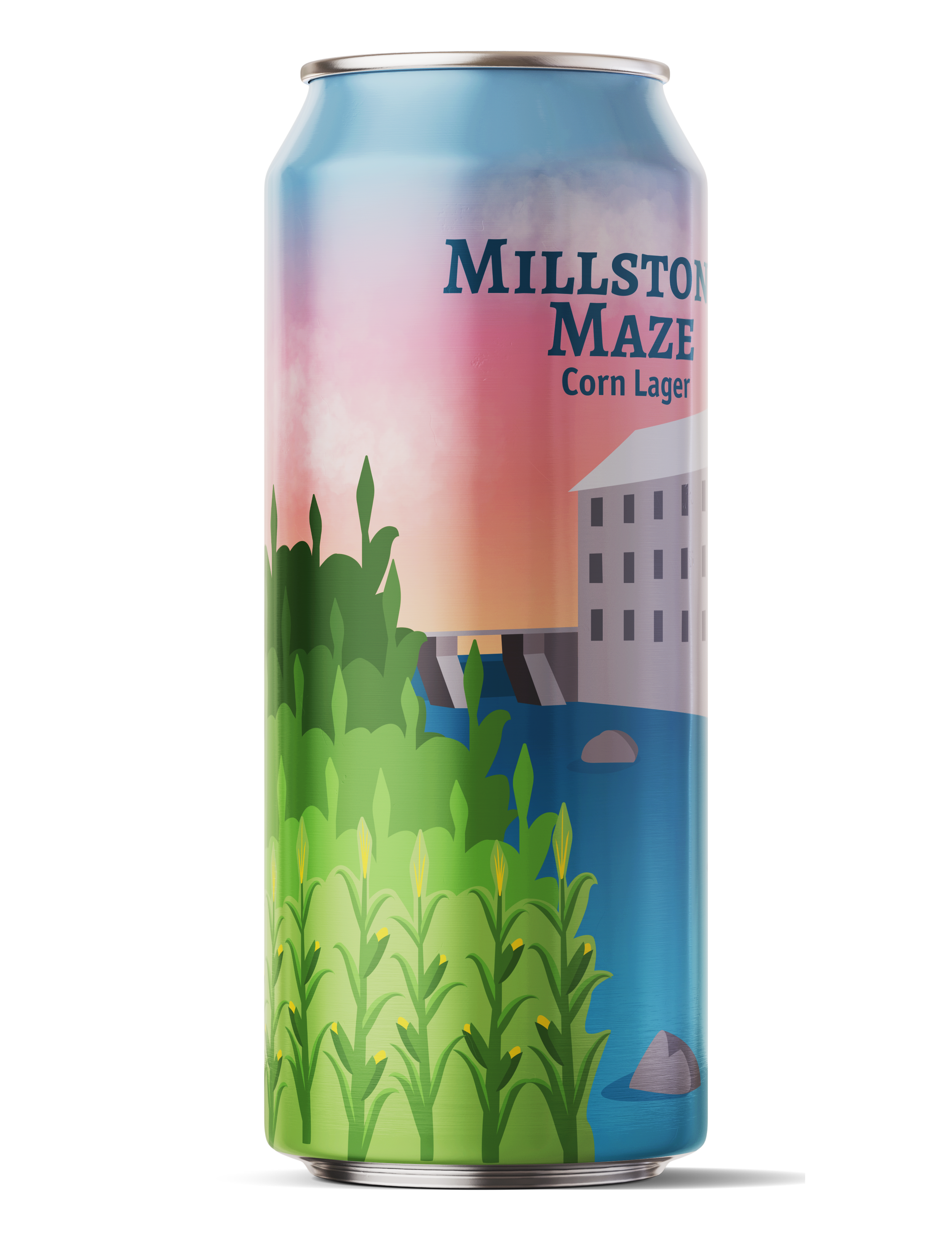 A tall can of Millstone Maze Corn Lager with a colorful illustration of a cornfield, river, and a dam at sunset.