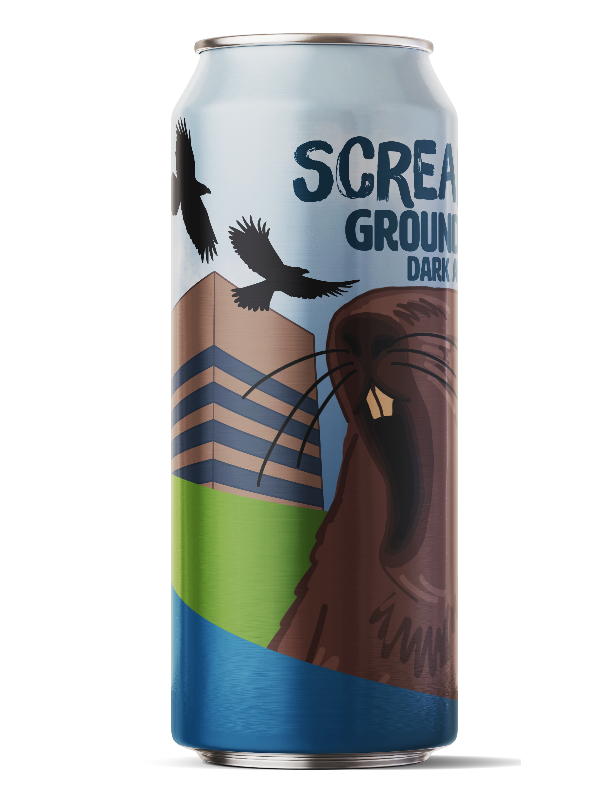 Can of Squirrel Ground Dark Ale with illustrated buildings, flying birds, and a squirrel on the label.