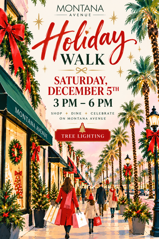 Holiday Walk poster with illustrated Montana Avenue storefronts, palm trees, and red holiday bows. Event details are provided beside the image.