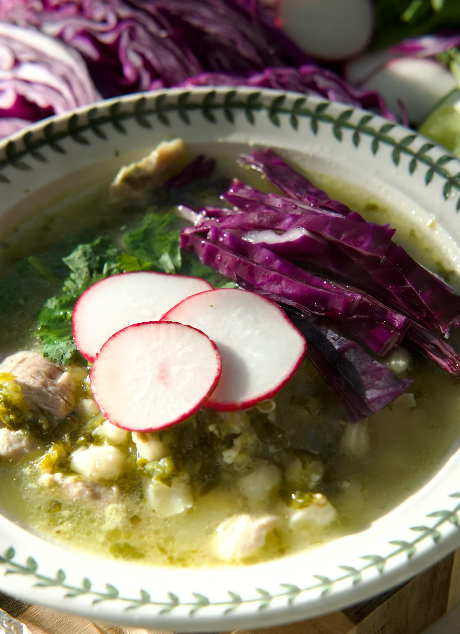 Comforting Pozole Verde with a side of homemade corn tortillas