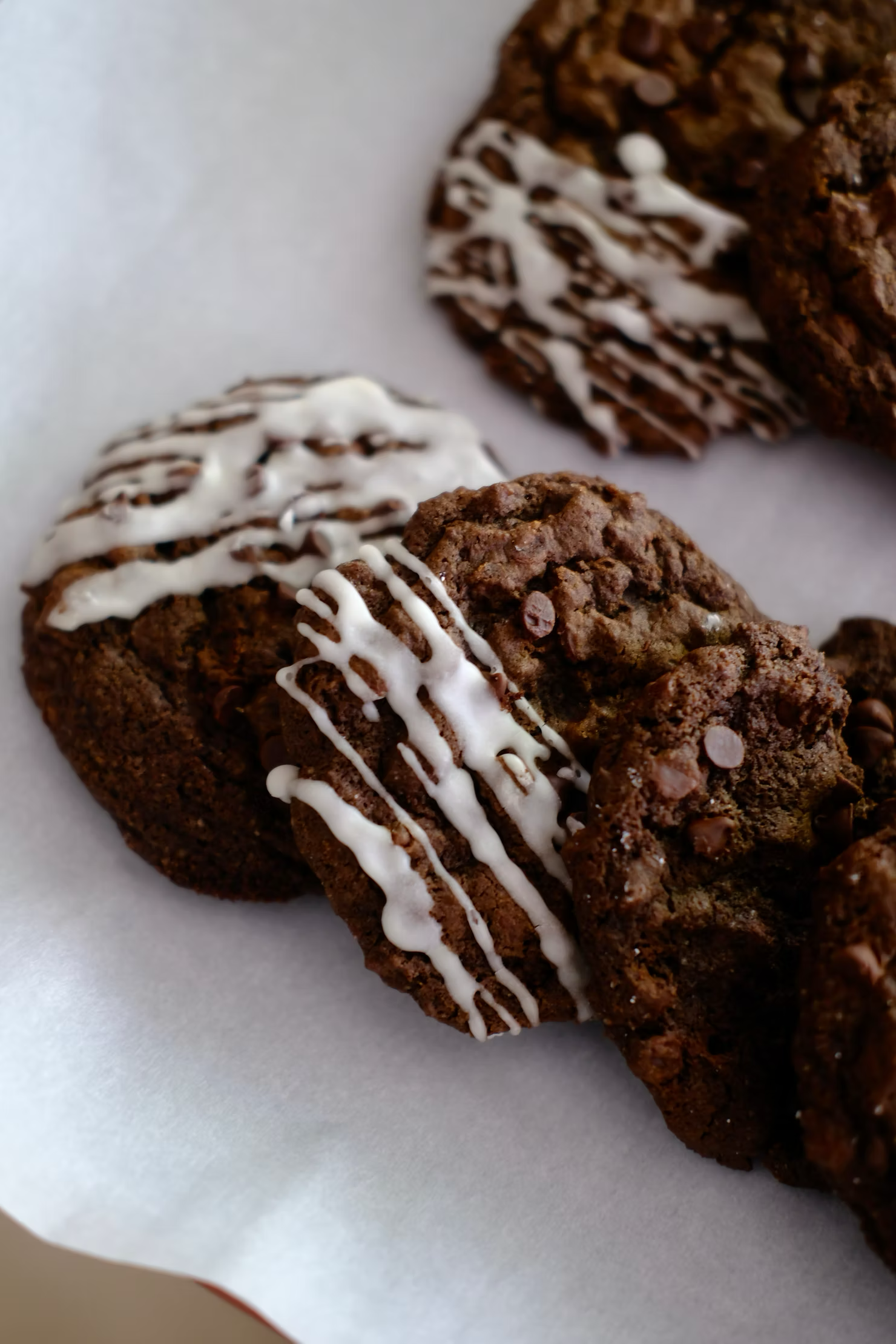 Soft &amp; Chewy Double Chocolate Chip Cookies with Vanilla Glaze