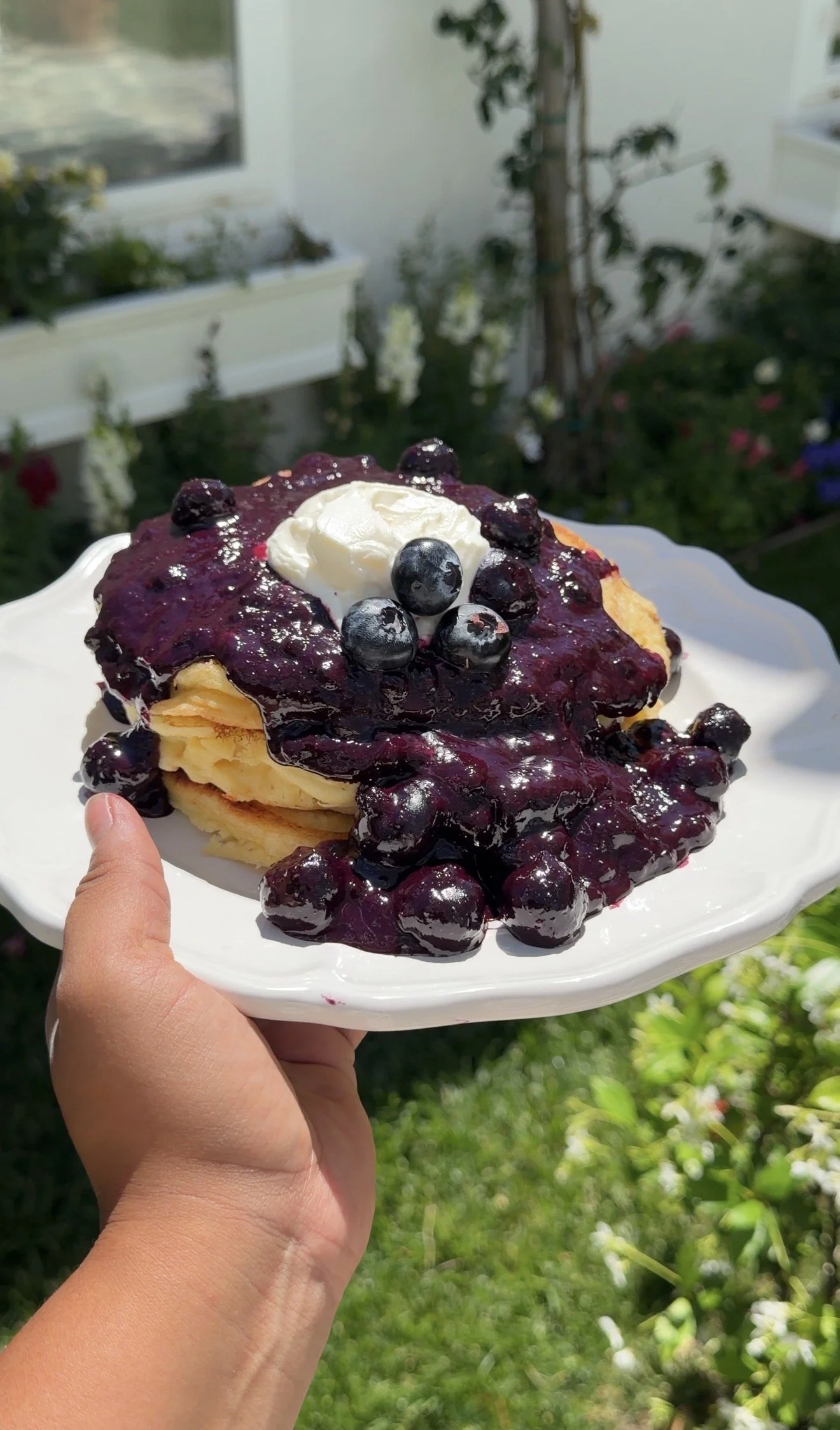 Lemony Ricotta Pancakes Topped with Crème Fraîche &amp; Jammy Burst Blueberry Compote