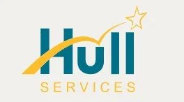 Hull Services logo with blue text and a yellow curved line with a star.