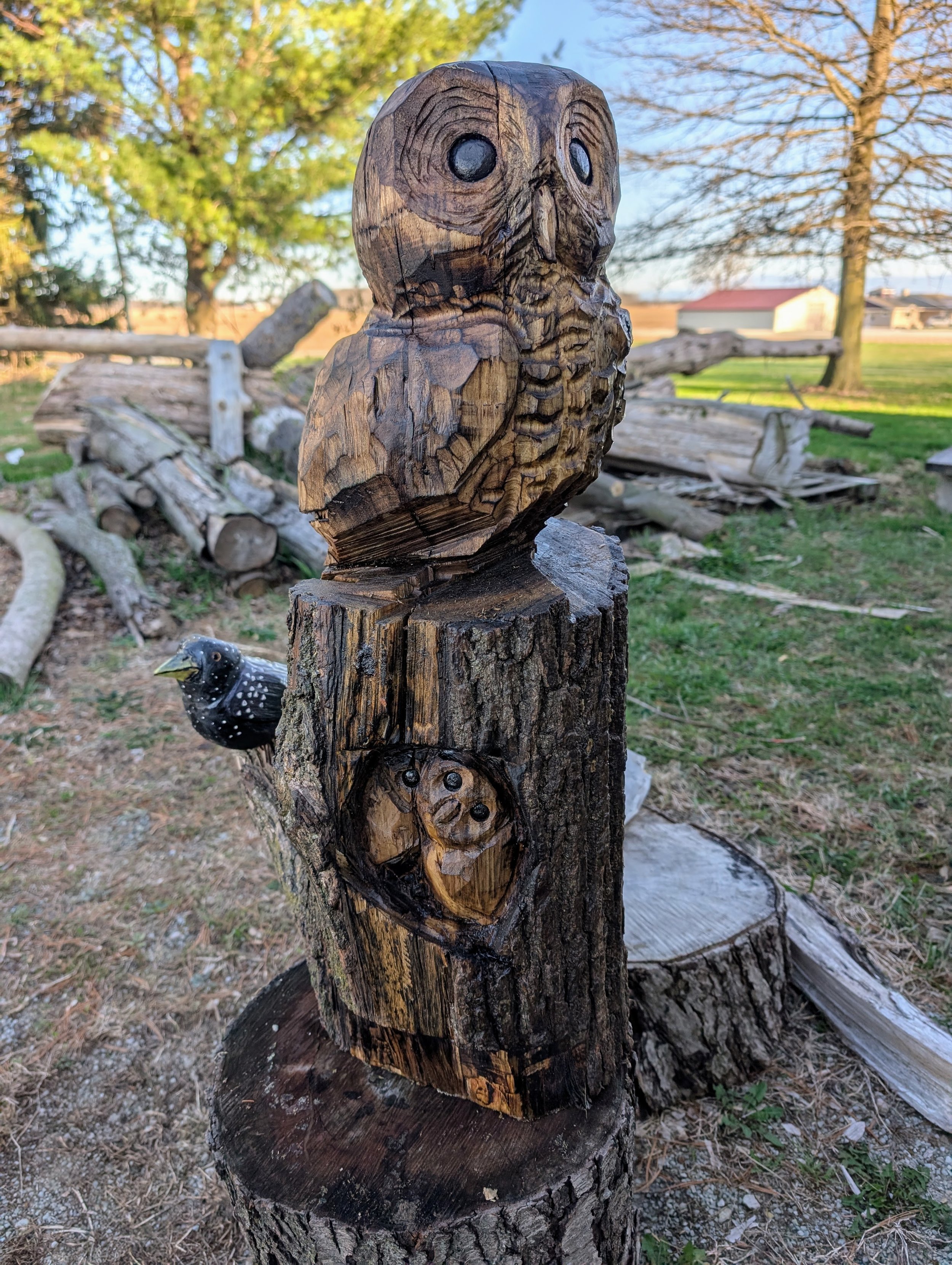 Wooden sculpture of an owl with carved features, mounted on a tree trunk, outdoors in a grassy area with trees and logs in the background.