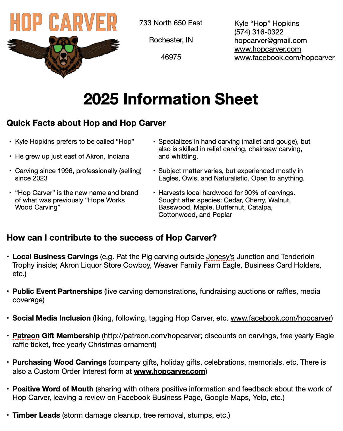 Business flyer for Hop Carver featuring a bear wearing sunglasses and outstretched arms, with contact information, social media links, and details about hand carving, woodworking, and community involvement.
