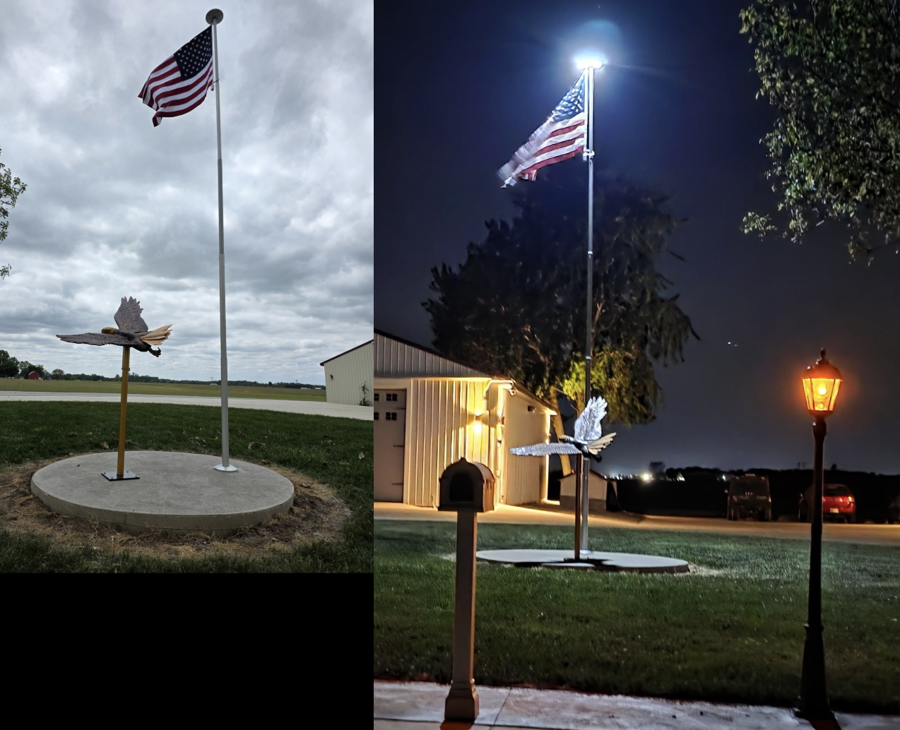 Side-by-side images of an American flag and a bird sculpture. The left shows the flag and sculpture during the day with cloudy sky; the right shows the flag and sculpture at night with illuminated surroundings.