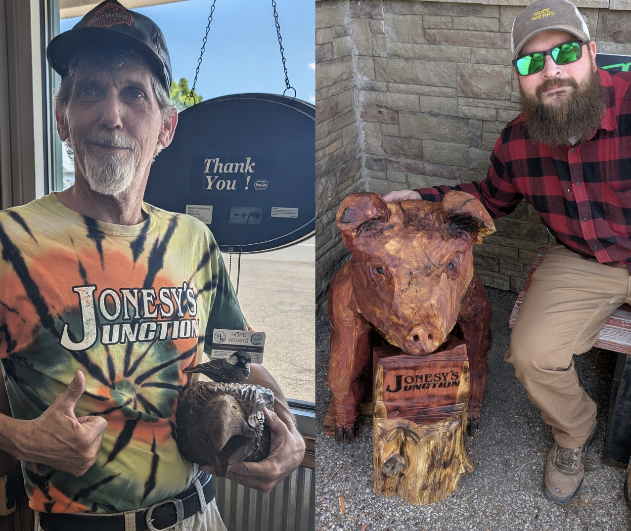 Side-by-side photos of two men. The man on the left is older with a white beard, wearing a black cap, a colorful tie-dye T-shirt, and holding a carved wooden bird sculpture. The man on the right has a beard, wearing sunglasses, a gray cap, a red and black plaid shirt, and kneeling next to a wooden sculpture of a bear's head and upper body, with a brick wall in the background.