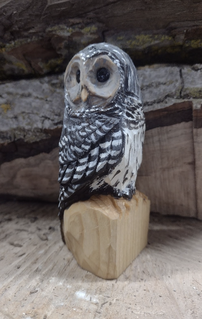 A carved and painted wooden owl figurine on a small wooden base with a rustic background.