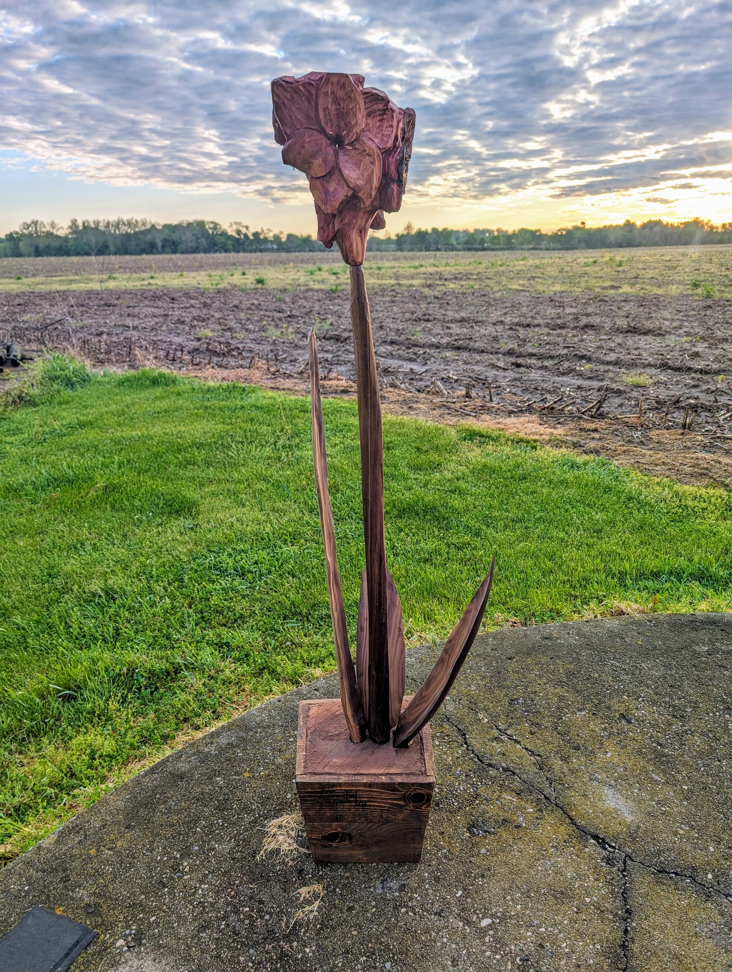 Wooden sculpture of a flower with a textured bloom on a tall stem, set outdoors on a concrete surface with green grass and a field in the background at sunset.