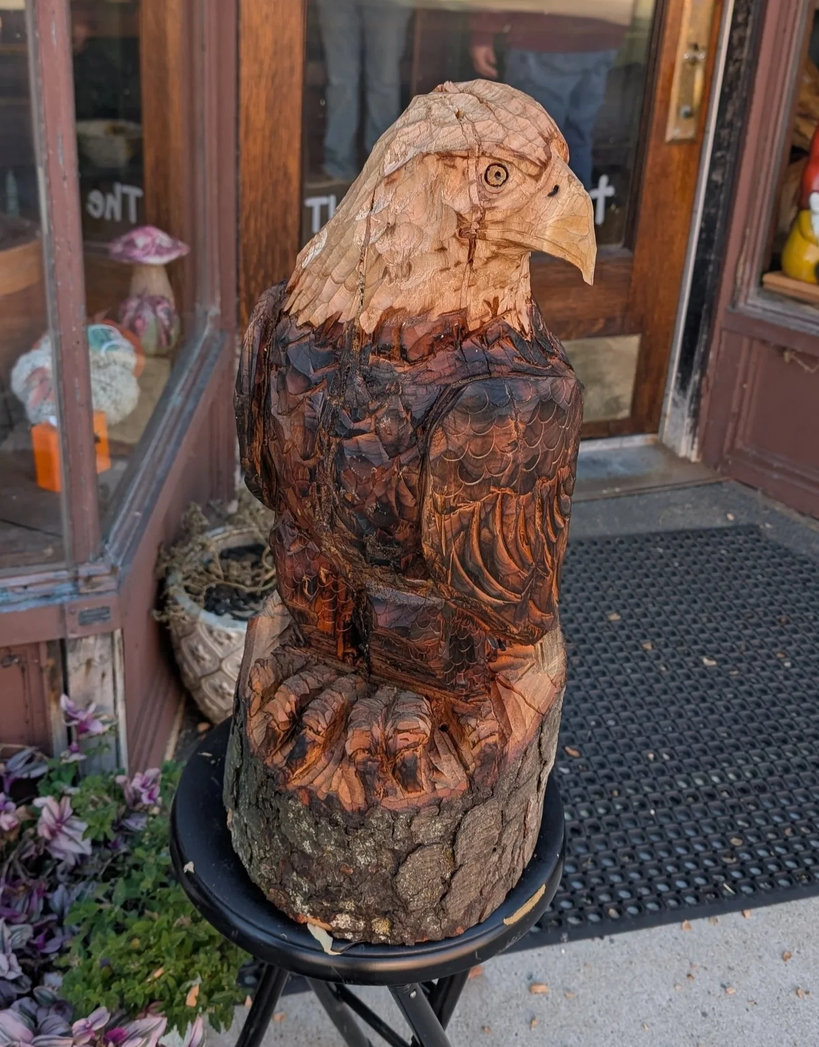 Wooden sculpture of an eagle head with detailed carved feathers, mounted on a round wooden base, displayed outside near a storefront.