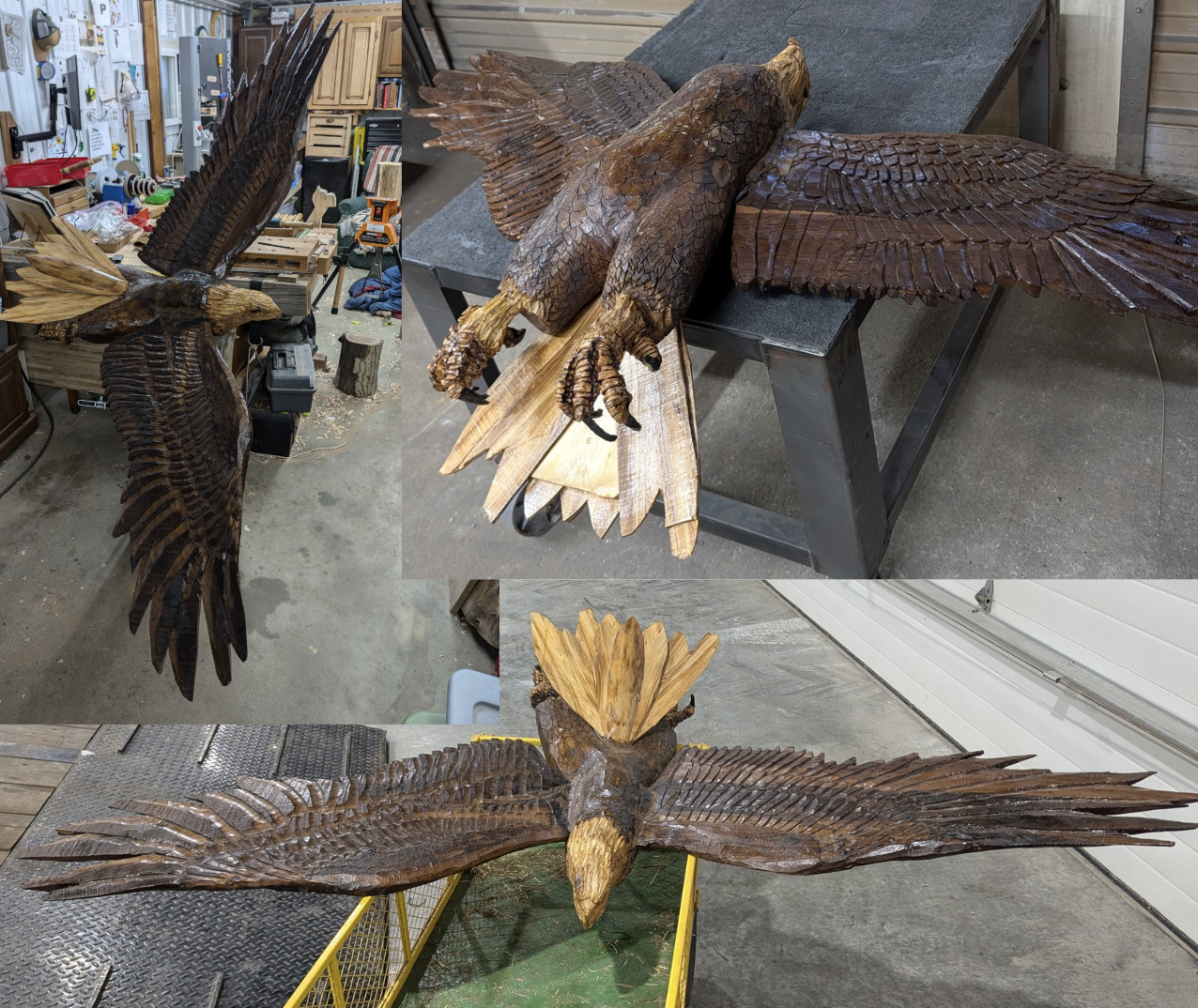 Wooden eagle sculptures in progress, showing detailed carved wings, body, and head, with the sculptures placed on work tables and a cart in a workshop.