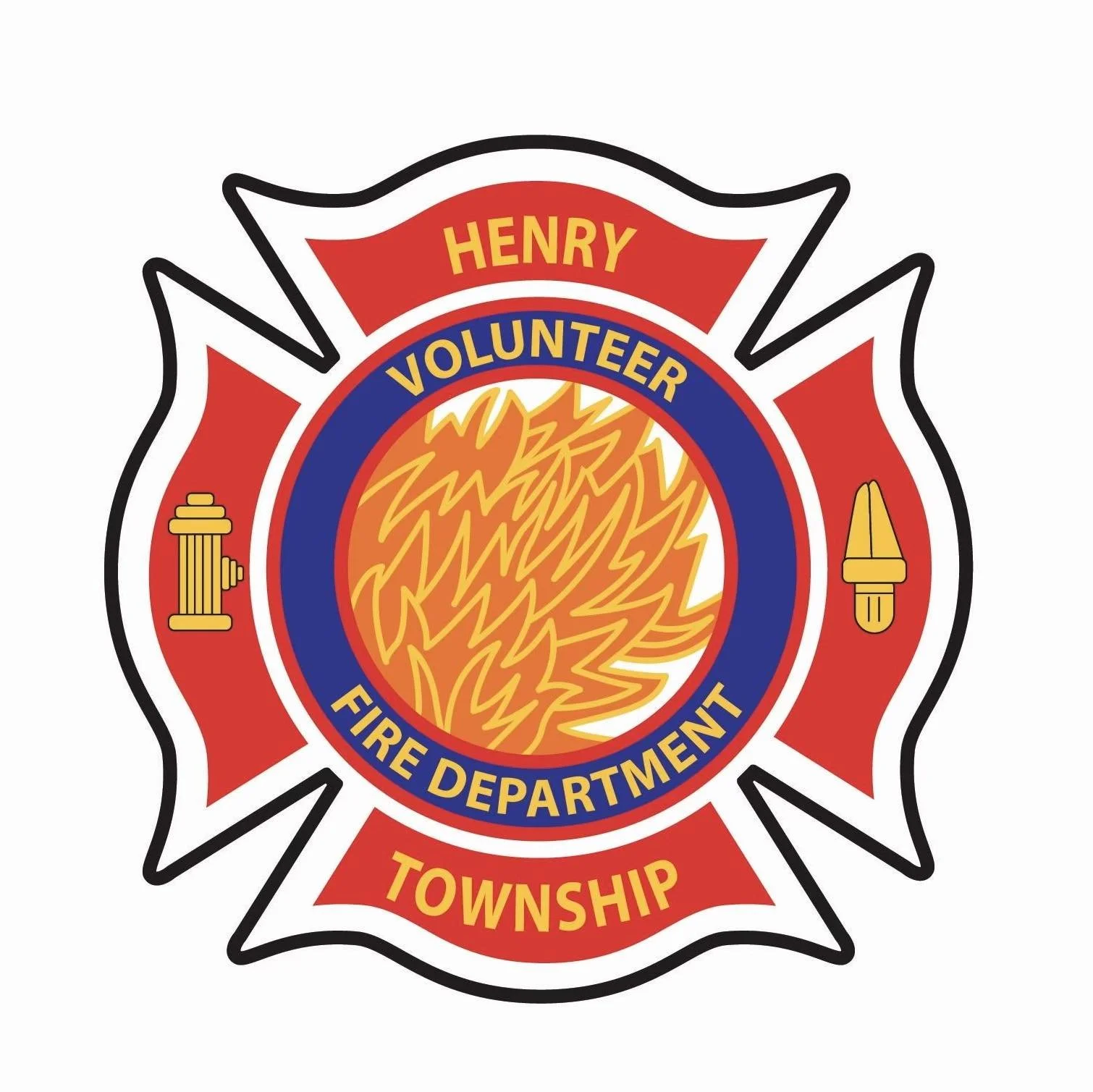 Fire department badge with the words 'Henry Township Volunteer Fire Department' and symbols of a fire hydrant, a fire hose nozzle, and a flame in the center.