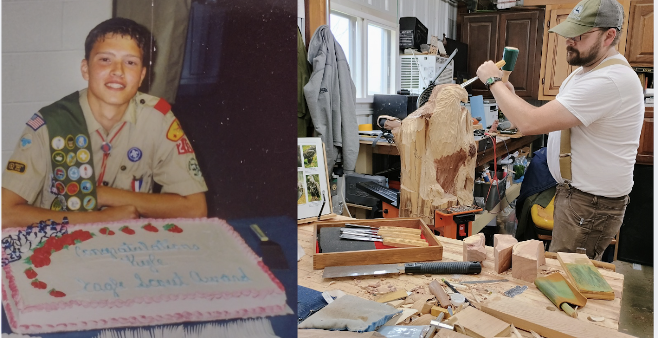 Side-by-side images: the left shows a young person with dark hair wearing a Boy Scouts uniform sitting at a table with a congratulations cake; the right shows a man working on a wooden sculpture in a workshop.