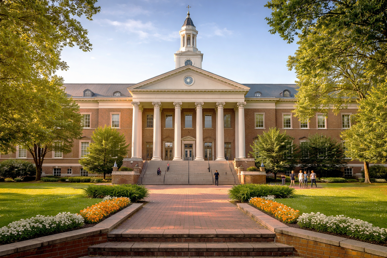 A historic college building with classical architecture, including large white columns, a clock, and a tall clock tower, surrounded by well-maintained gardens and trees during daytime.